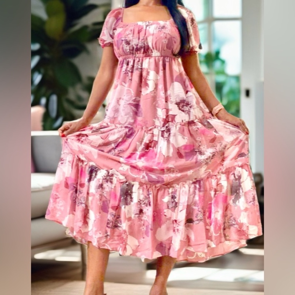 WOMEN'S SHORT SLEEVE SQUARE NECK ELASTIC WAIST FLORAL PRINT MIDI DRESS - Picture 9 of 9